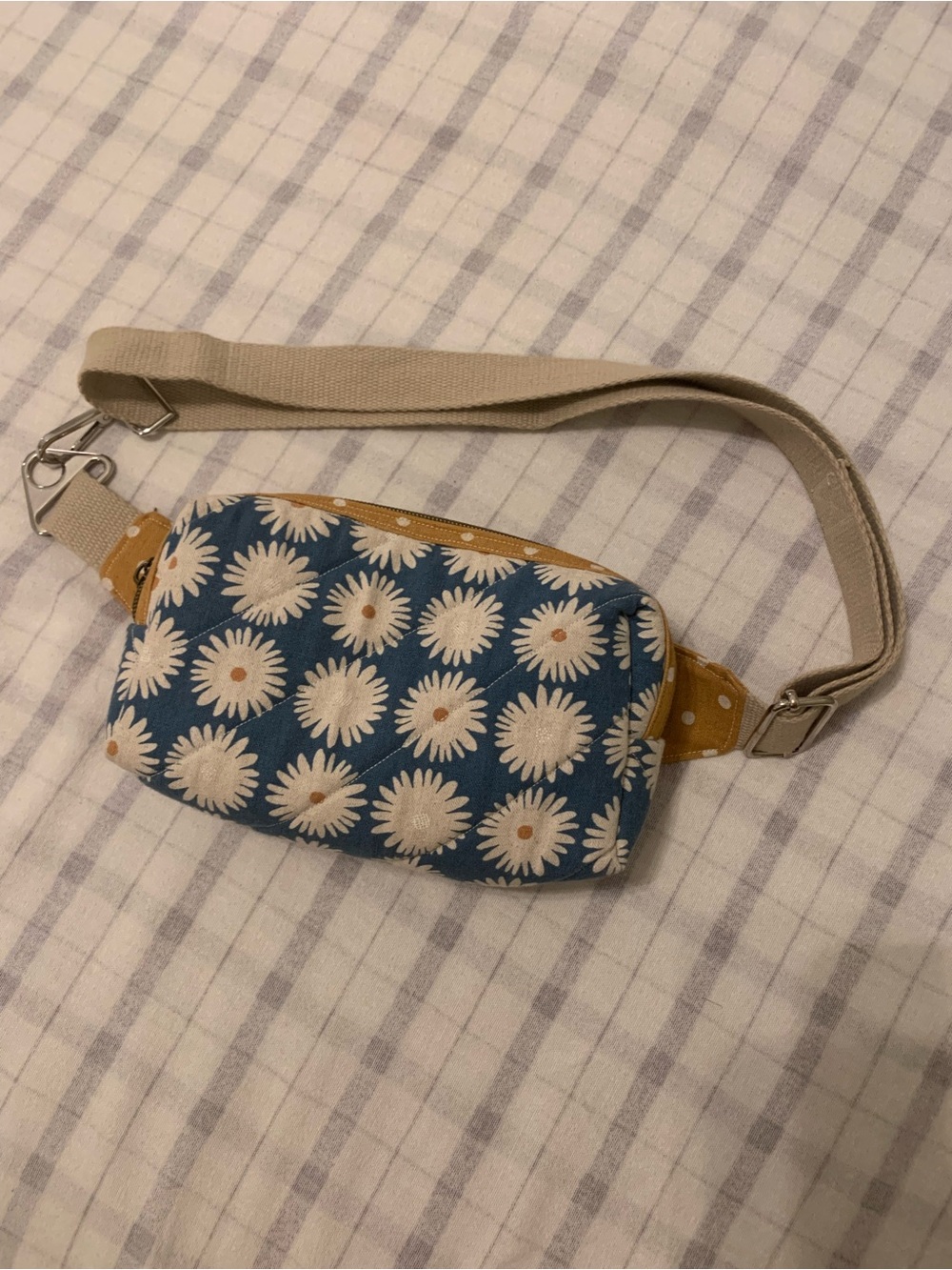 Handmade Blue Daisy Print Crossbody Bag with Tan Strap